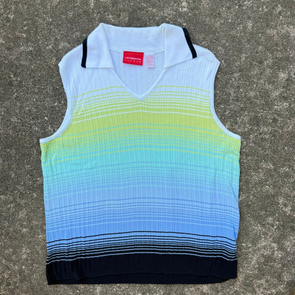 Liz Claiborne Sweater Vest Ombre Striped Y2K Women Size Large Blue Green White